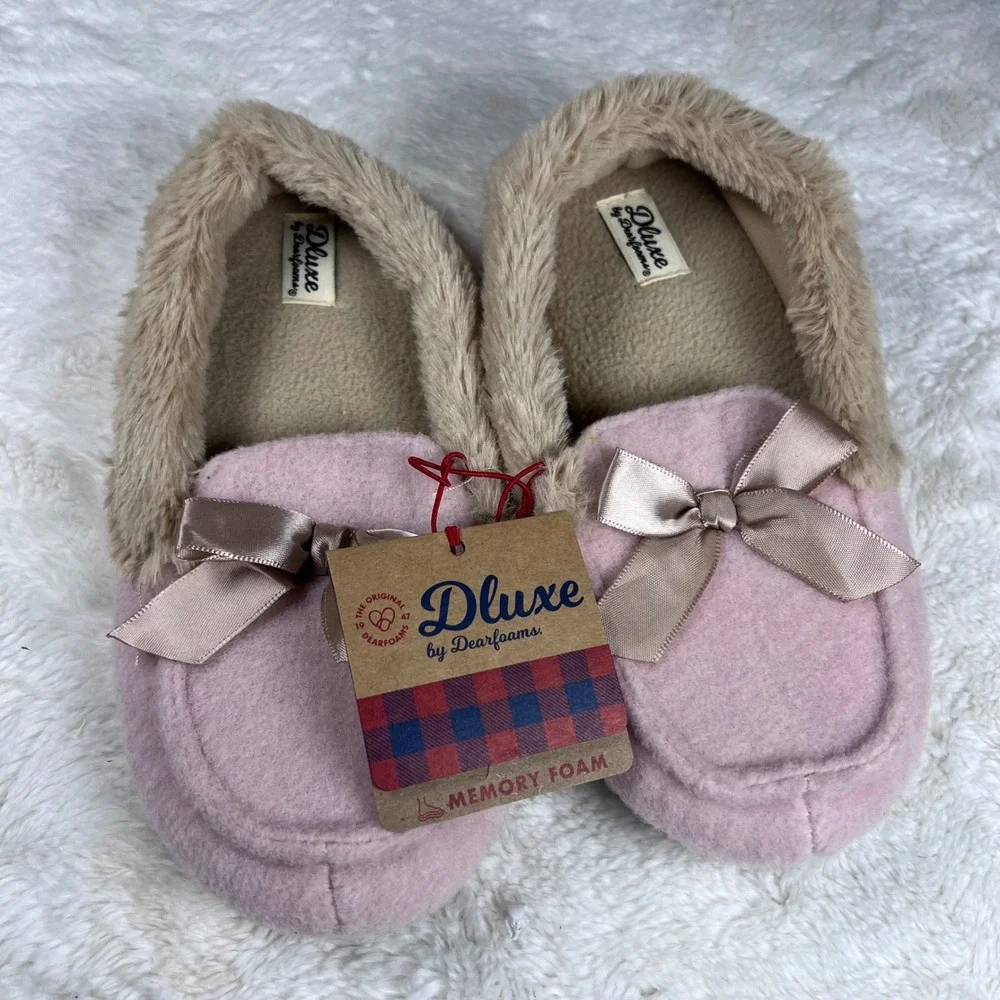 DLUXE by Dearfoams Pink‎ Memory Foam Slippers Bow Plush Fur Lined Girls NWT